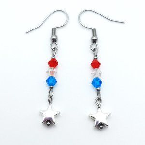 Patriotic Red White Blue USA Star Dangle Drop Earrings Handmade Jewelry